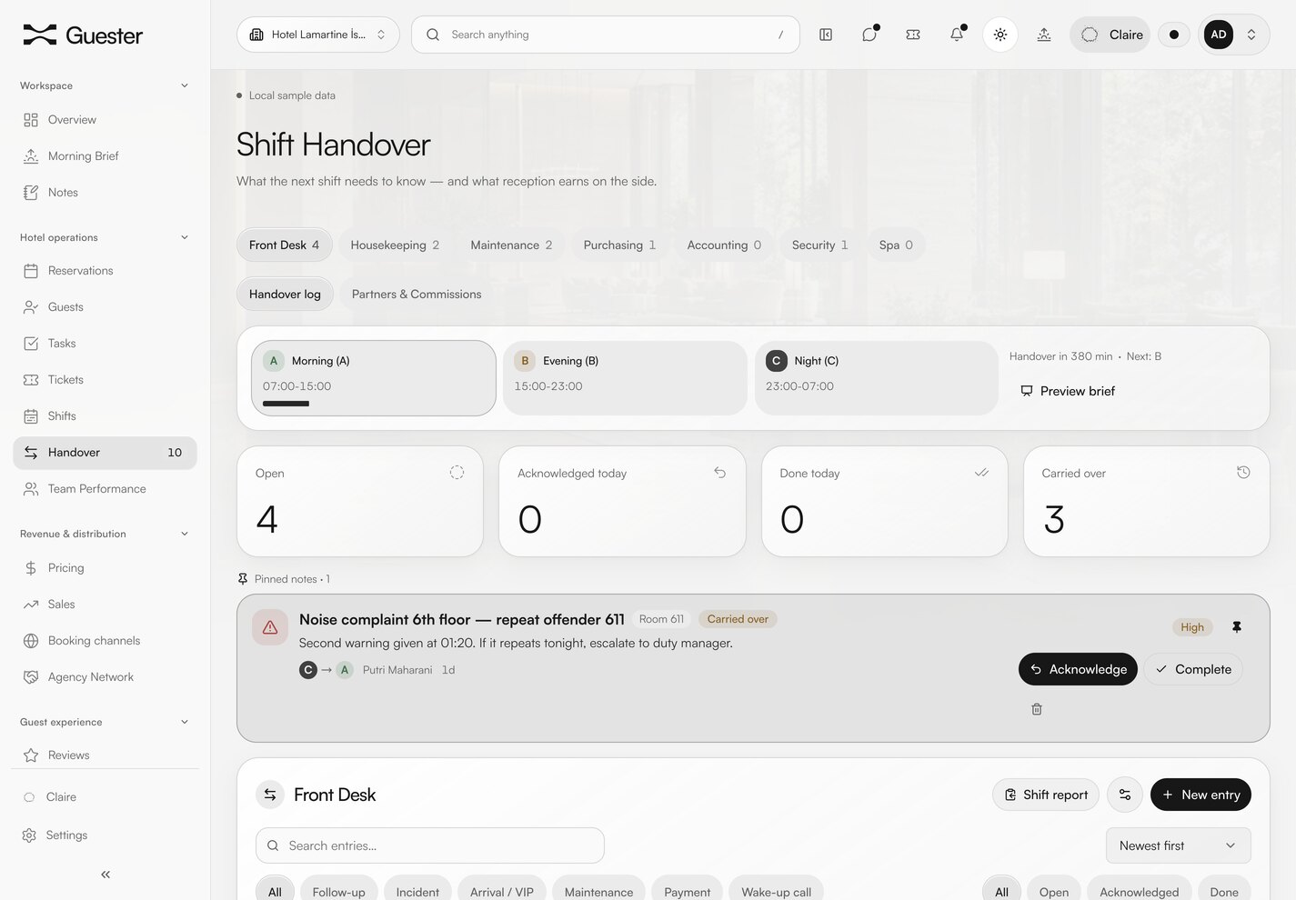 Guester shift handover with notes, open tasks and team context