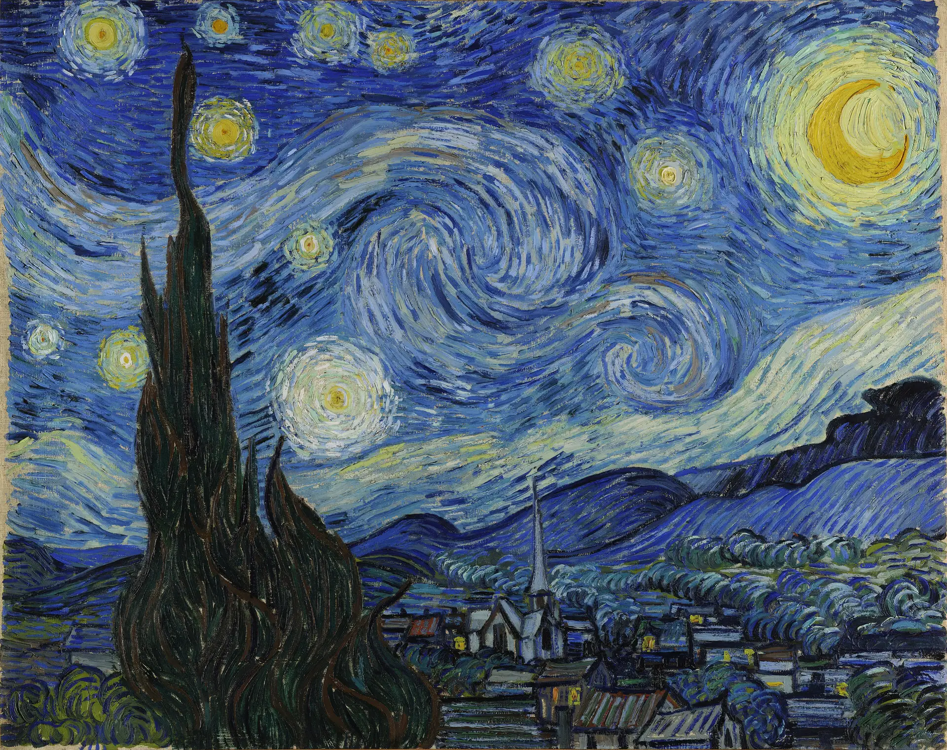 The Starry Night by Vincent van Gogh, 1889: a swirling night sky over a quiet village and a dark cypress