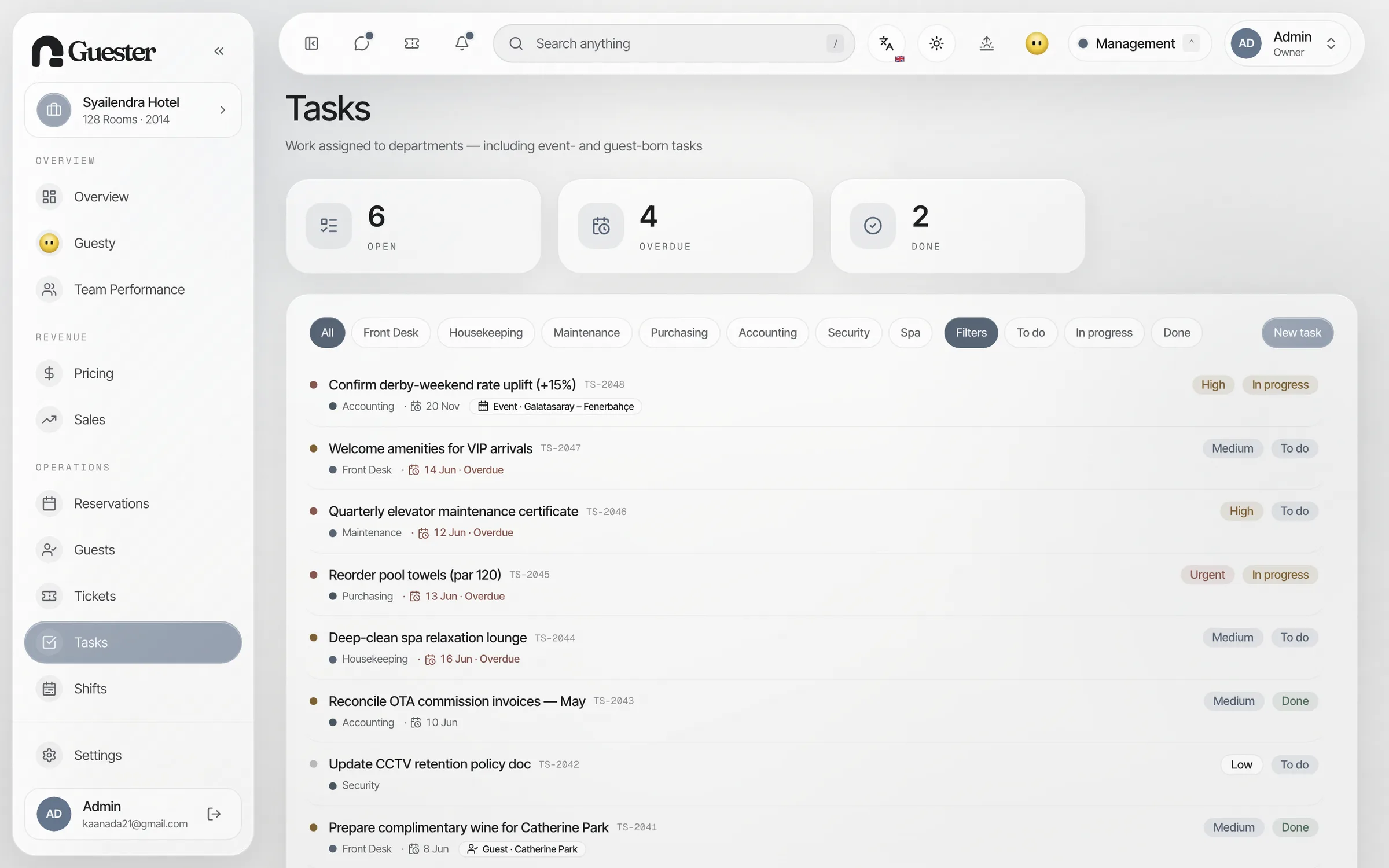Guester team operations with tasks, tickets and shifts