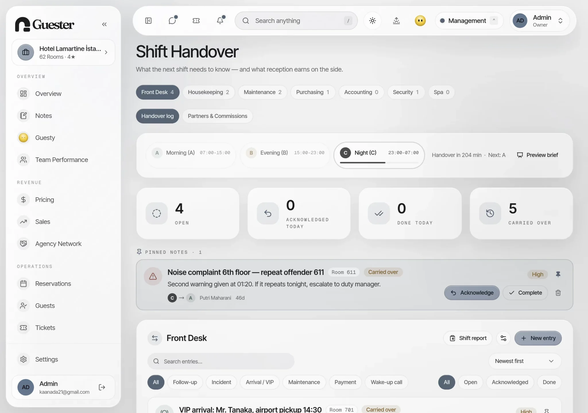The Guester shift handover screen
