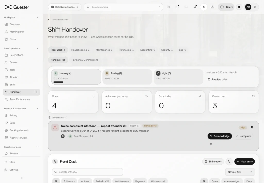 Guester shift handover screen with department notes and open tasks for the incoming team