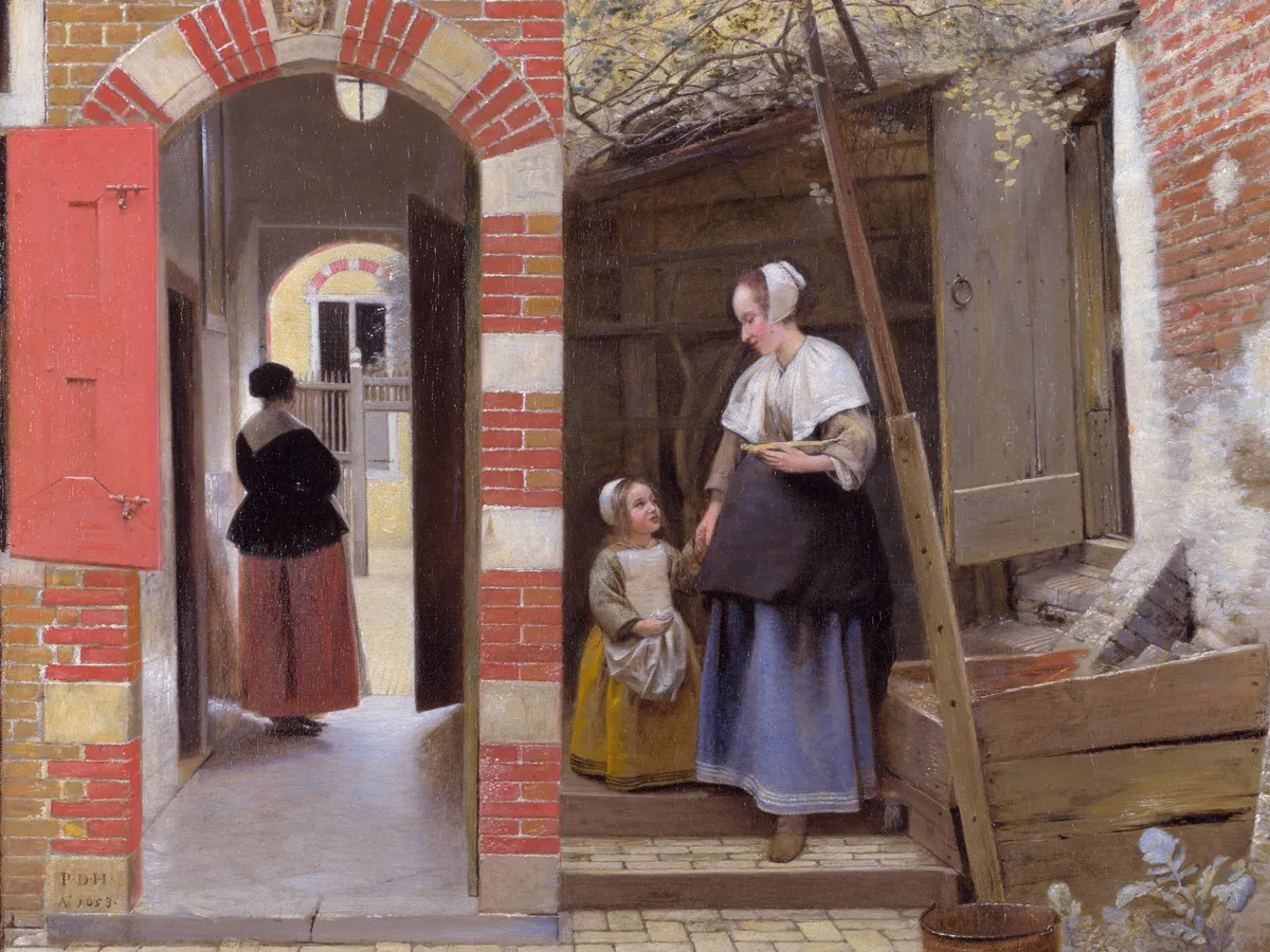De Hooch's sunlit courtyard in Delft: a maid and child at the threshold of a brick house