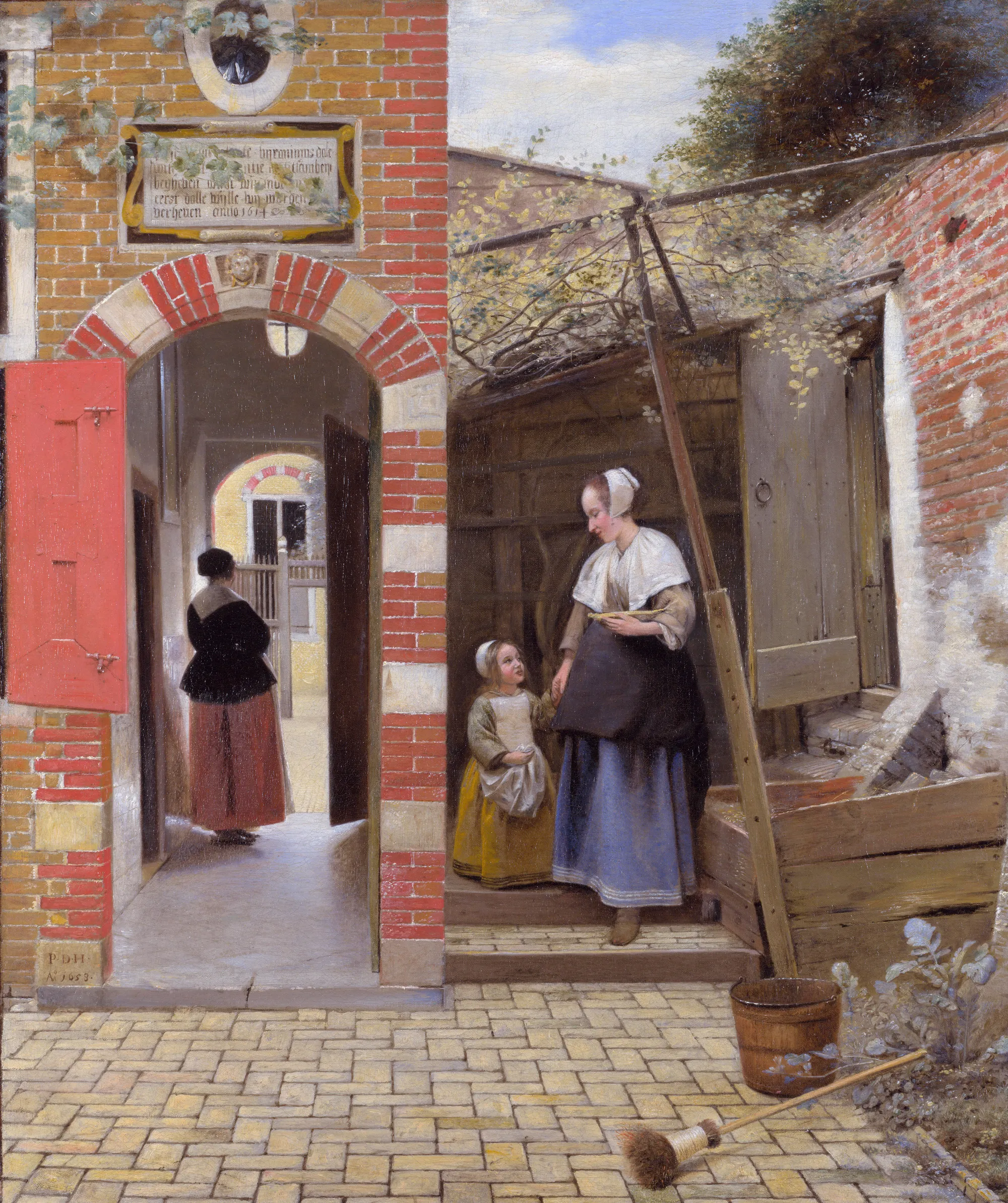 De Hooch's sunlit courtyard in Delft: a maid and child at the threshold of a brick house