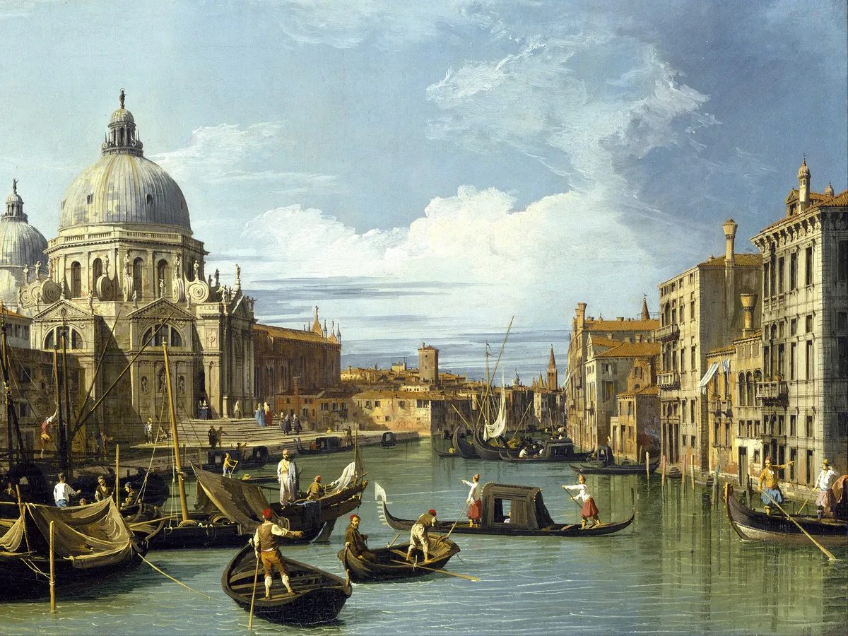Canaletto's Grand Canal entrance crowded with gondolas and sailing barges
