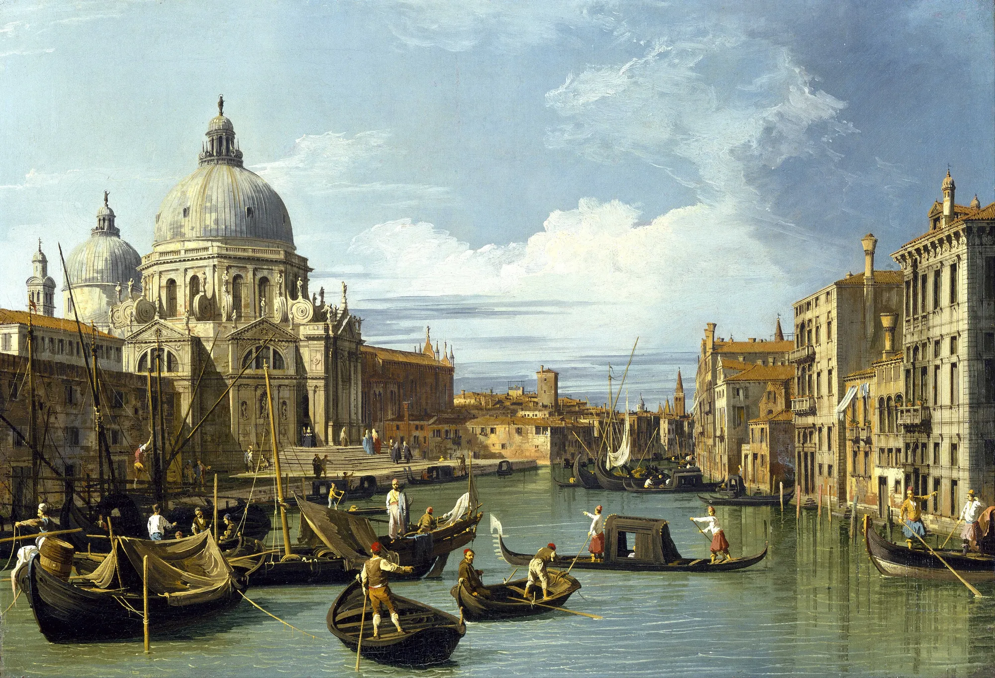 Canaletto's Grand Canal entrance crowded with gondolas and sailing barges