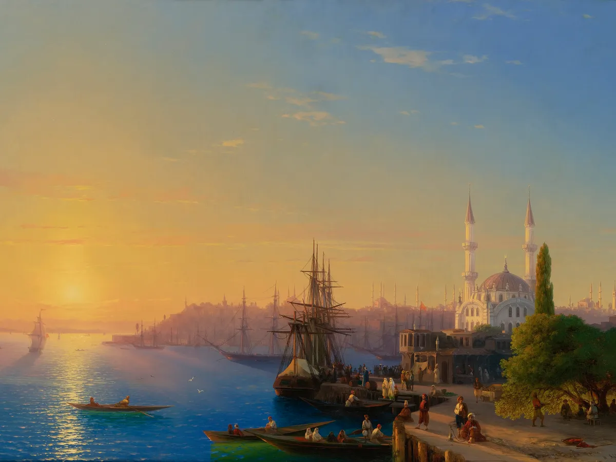 Aivazovsky's view of Constantinople at dusk: minarets and moonlit water on the Bosphorus