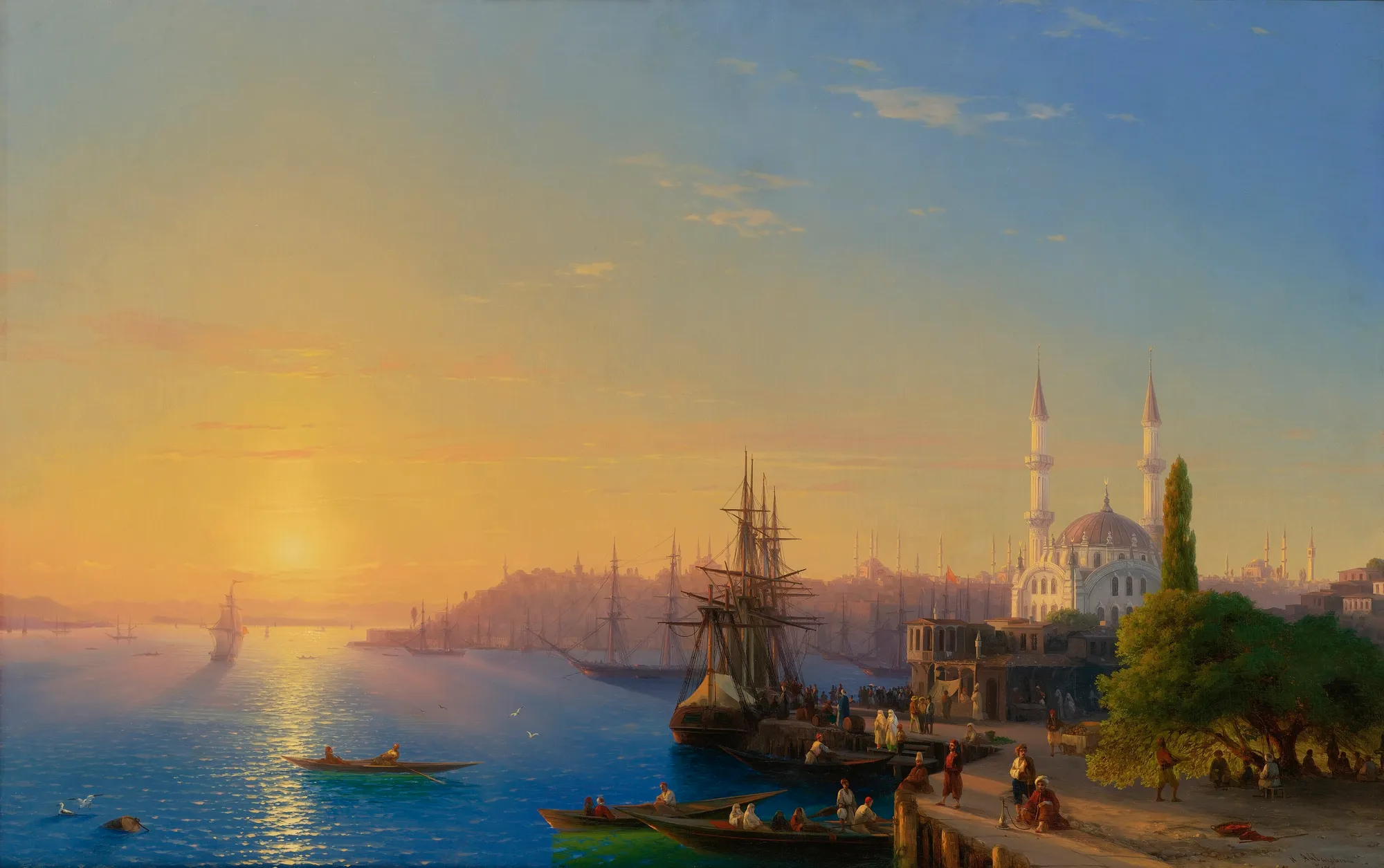 Aivazovsky's view of Constantinople at dusk: minarets and moonlit water on the Bosphorus