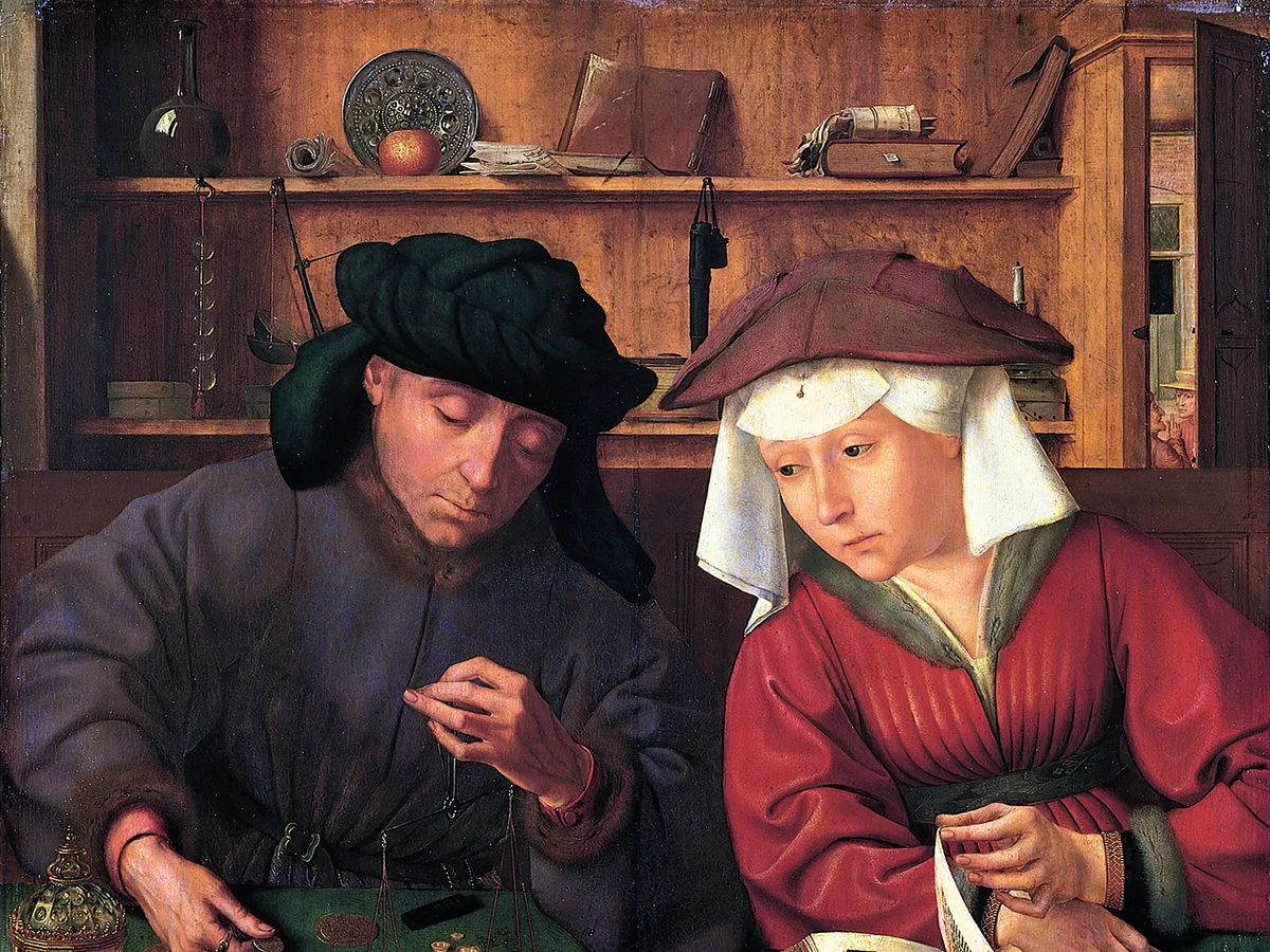 Matsys' moneylender weighing coins at a table while his wife looks on