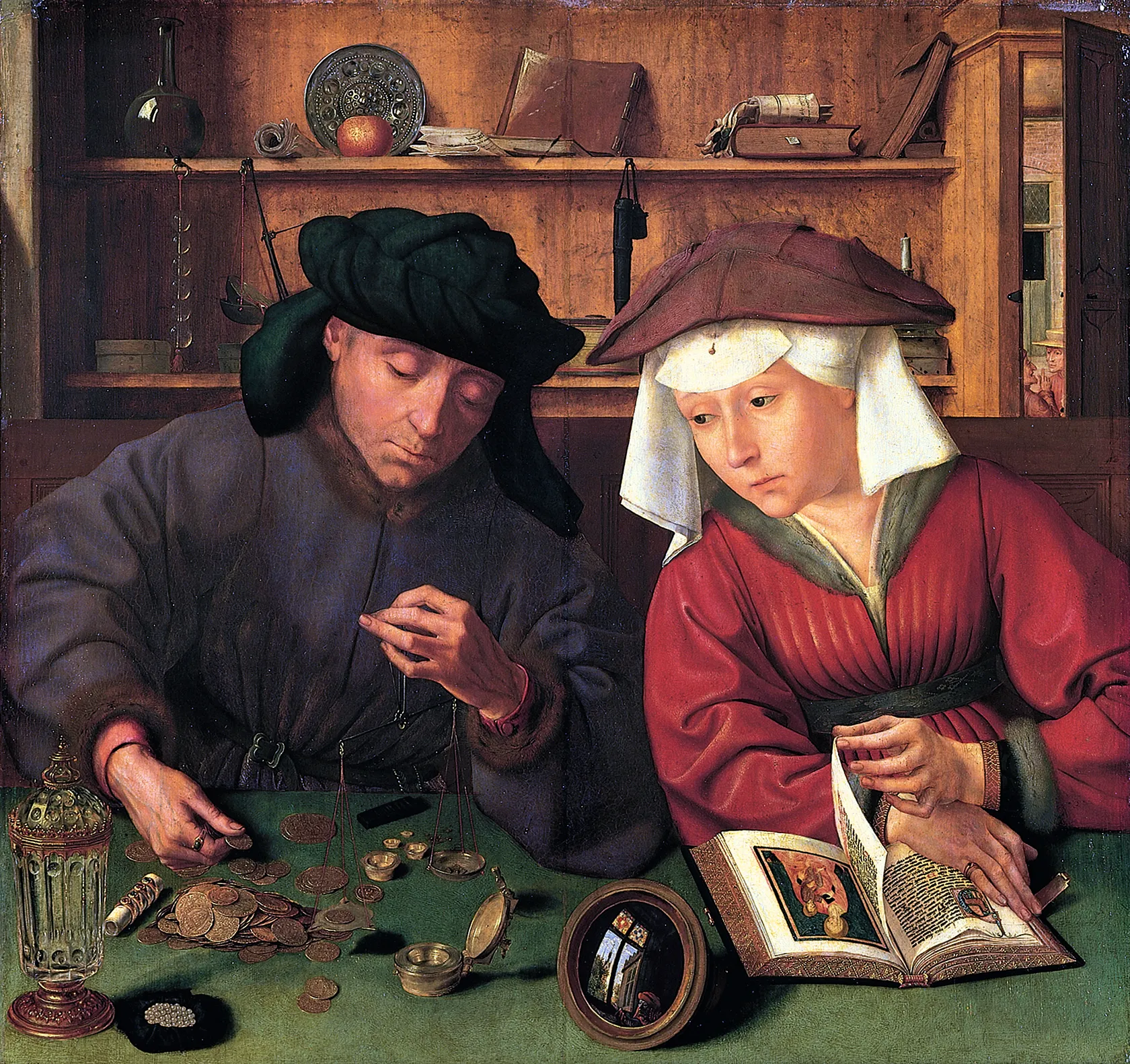 Matsys' moneylender weighing coins at a table while his wife looks on