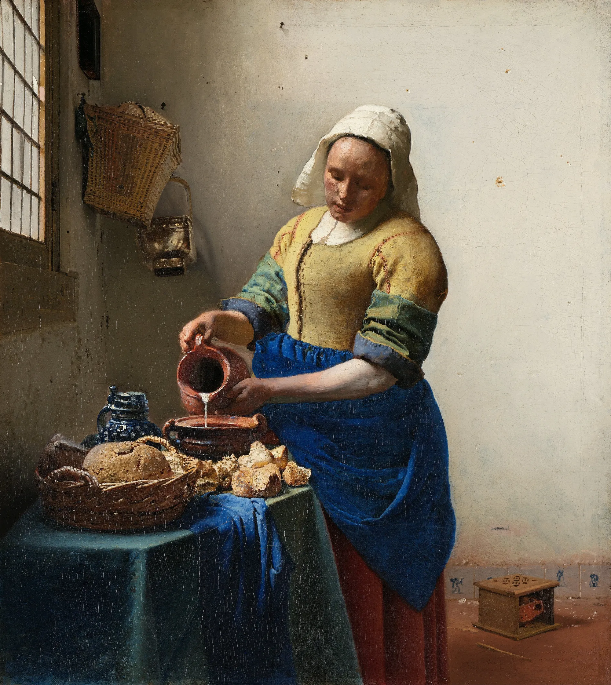 Vermeer's milkmaid pouring milk in a quiet kitchen