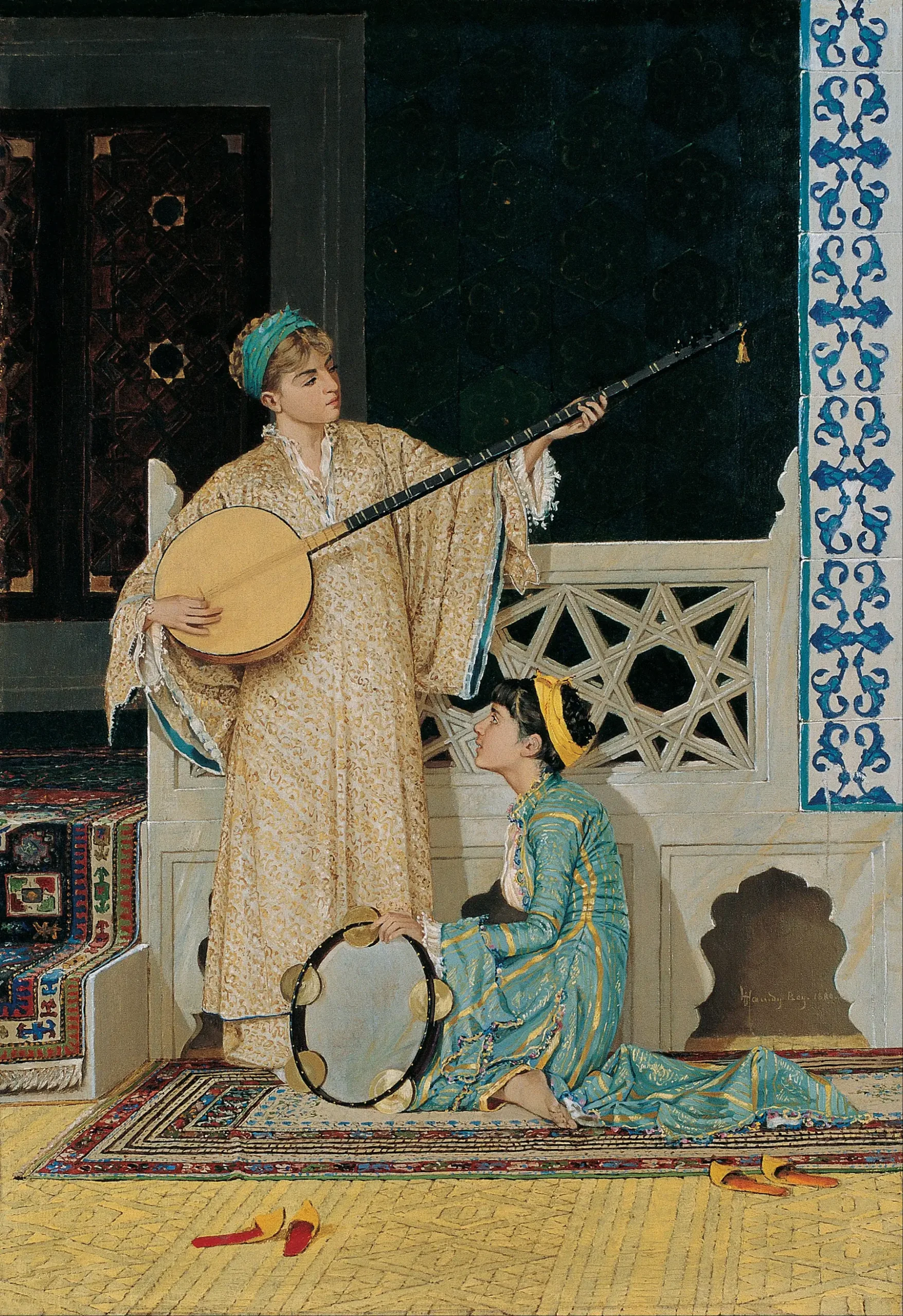 Osman Hamdi Bey'in İki Müzisyen Kız'ı: çinili bir odada biri uzun saplı bir tanbur, diğeri tef tutan iki genç kadın