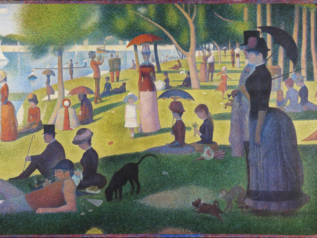Seurat's Sunday crowd on La Grande Jatte, a calm scene composed of countless small dots
