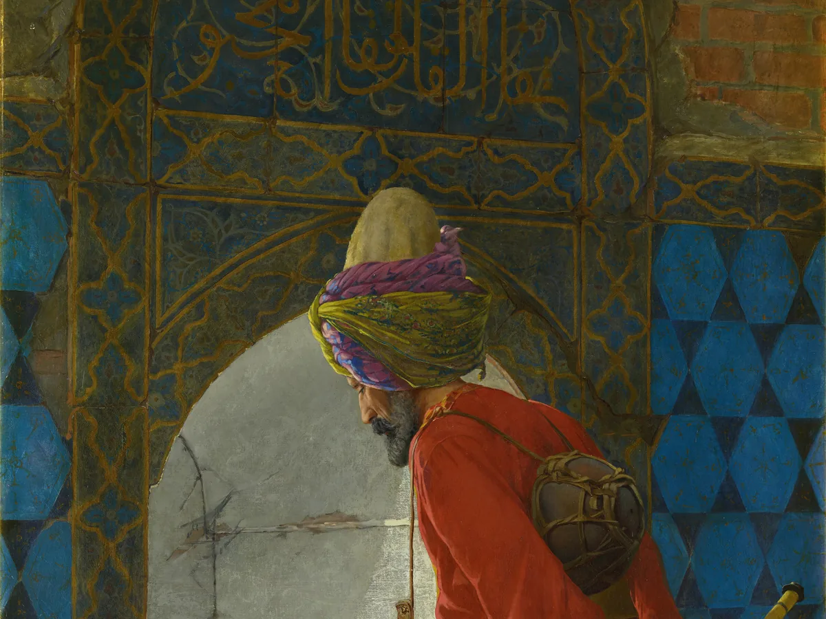 Osman Hamdi Bey'in Kaplumbağa Terbiyecisi: loş bir odada, elinde neyle, ayaklarının dibindeki kaplumbağalara sabırla bakan bir adam