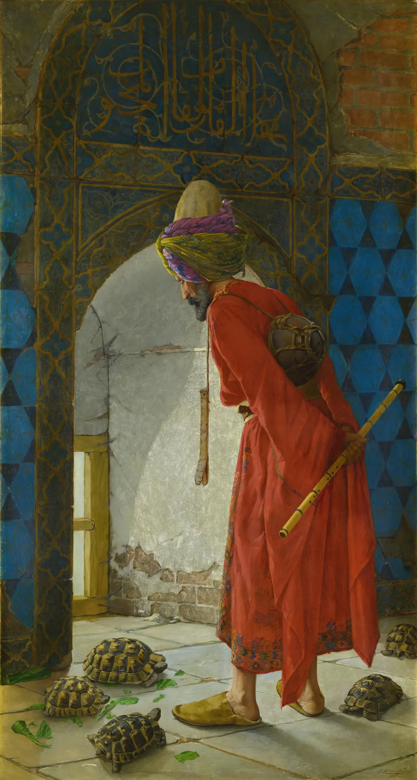 Osman Hamdi Bey'in Kaplumbağa Terbiyecisi: loş bir odada, elinde neyle, ayaklarının dibindeki kaplumbağalara sabırla bakan bir adam