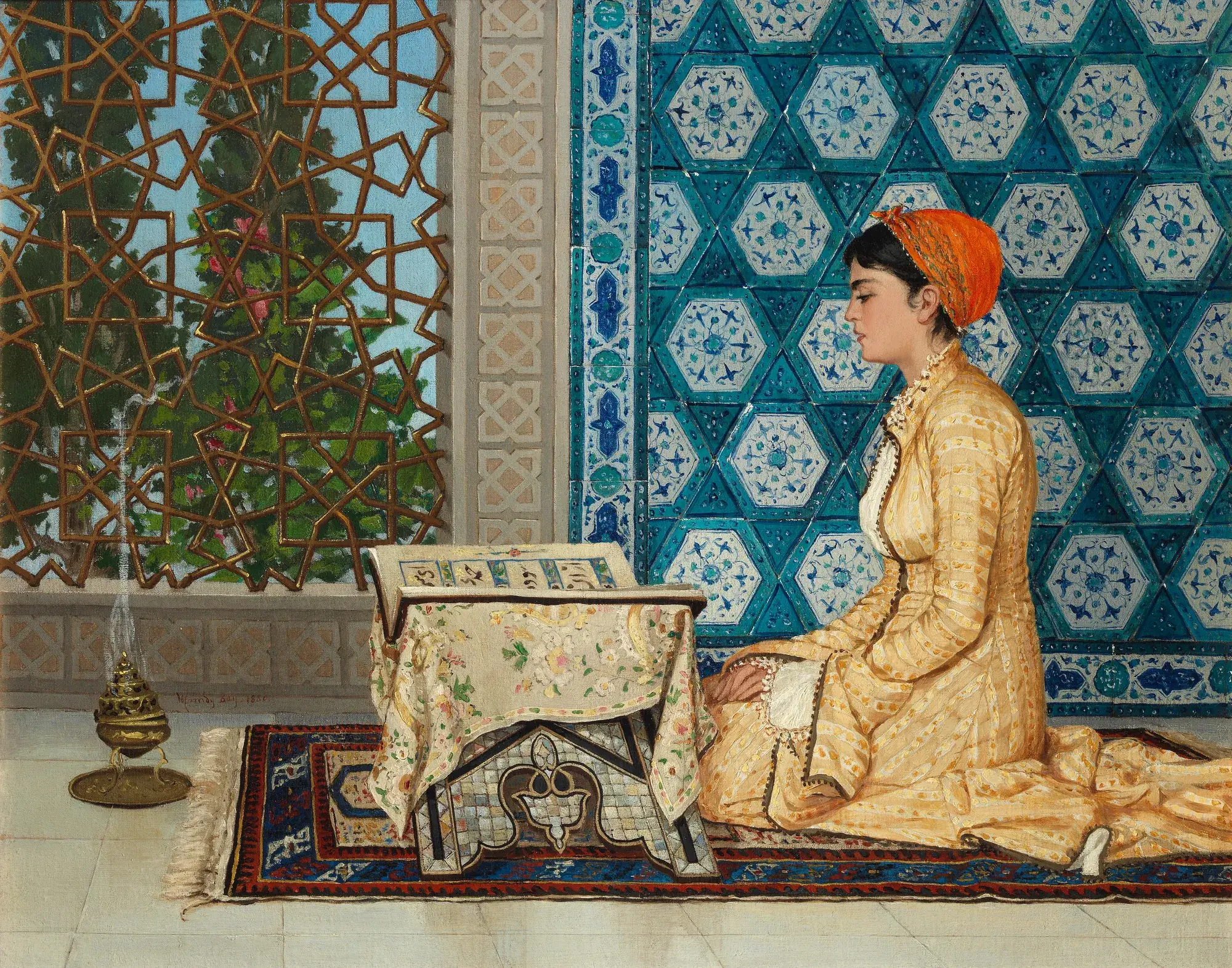 Osman Hamdi Bey'in Okuyan Genç Kadın'ı: yastıklara uzanmış, elindeki kitaba dalmış genç bir kadın
