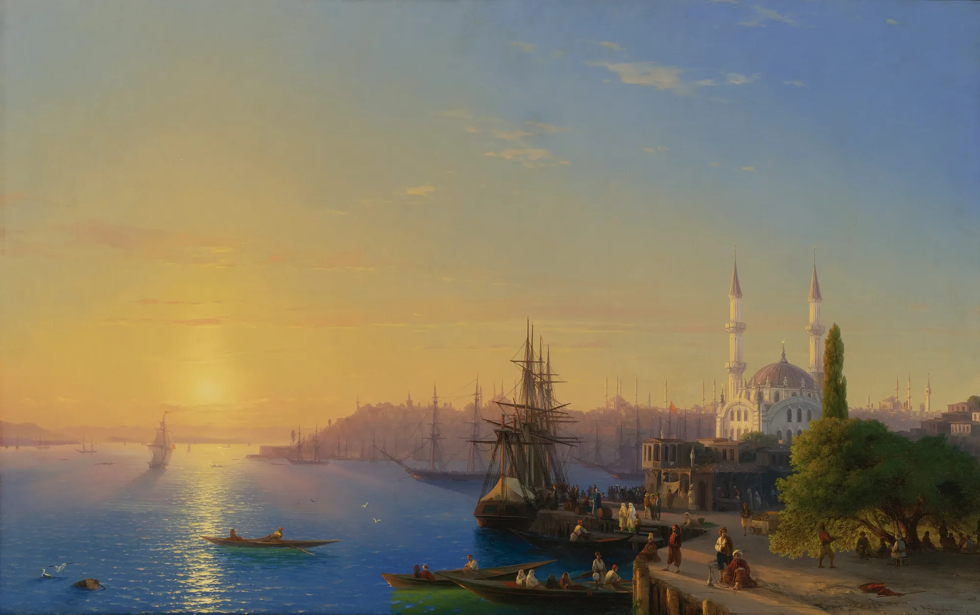 Ivan Ayvazovski'nin İstanbul ve Boğaz manzarası: altın ışıkta minareler, yelkenliler ve sakin bir deniz