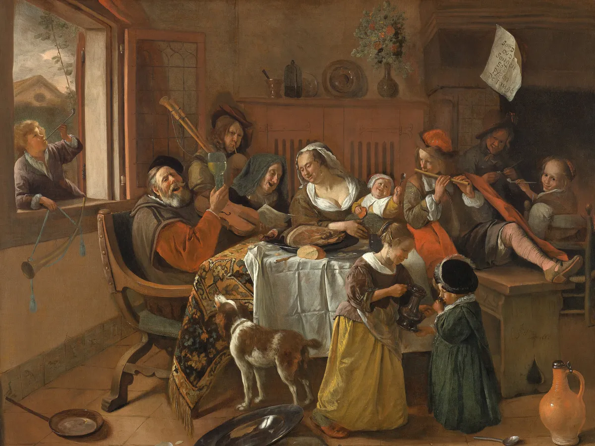 Jan Steen's crowded family scene: a household singing and toasting around a table