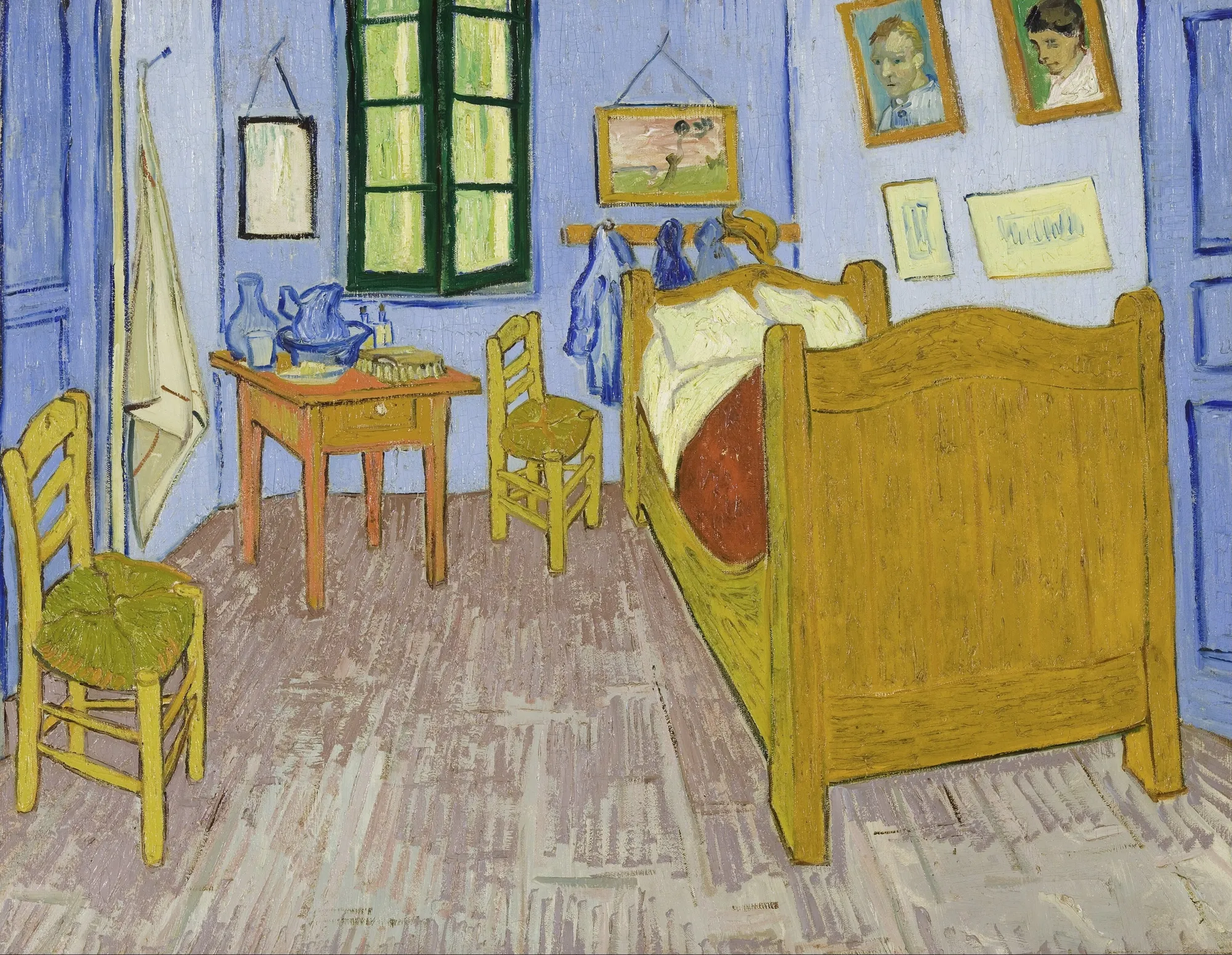 Van Gogh's bedroom in Arles: wooden bed, two chairs, blue walls