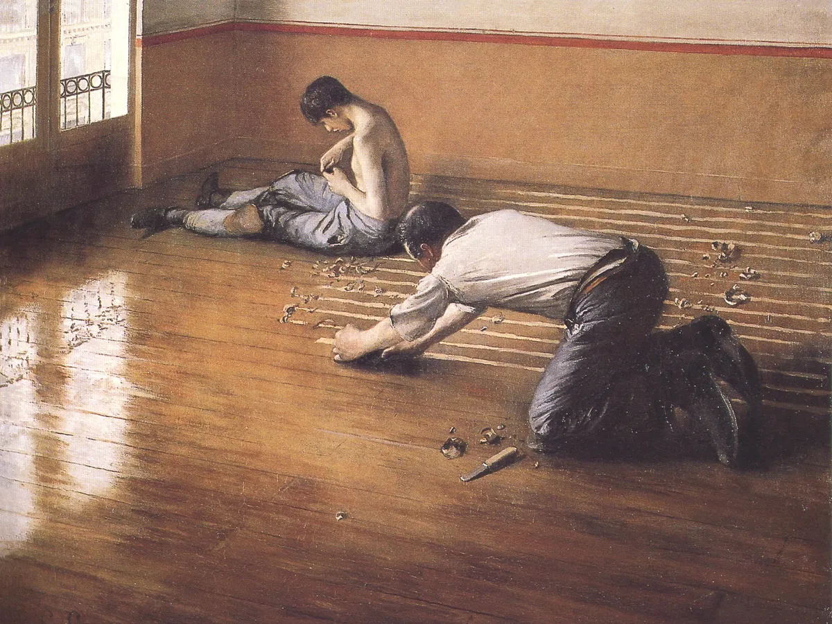 Caillebotte's three floor scrapers kneeling in a bright Paris apartment
