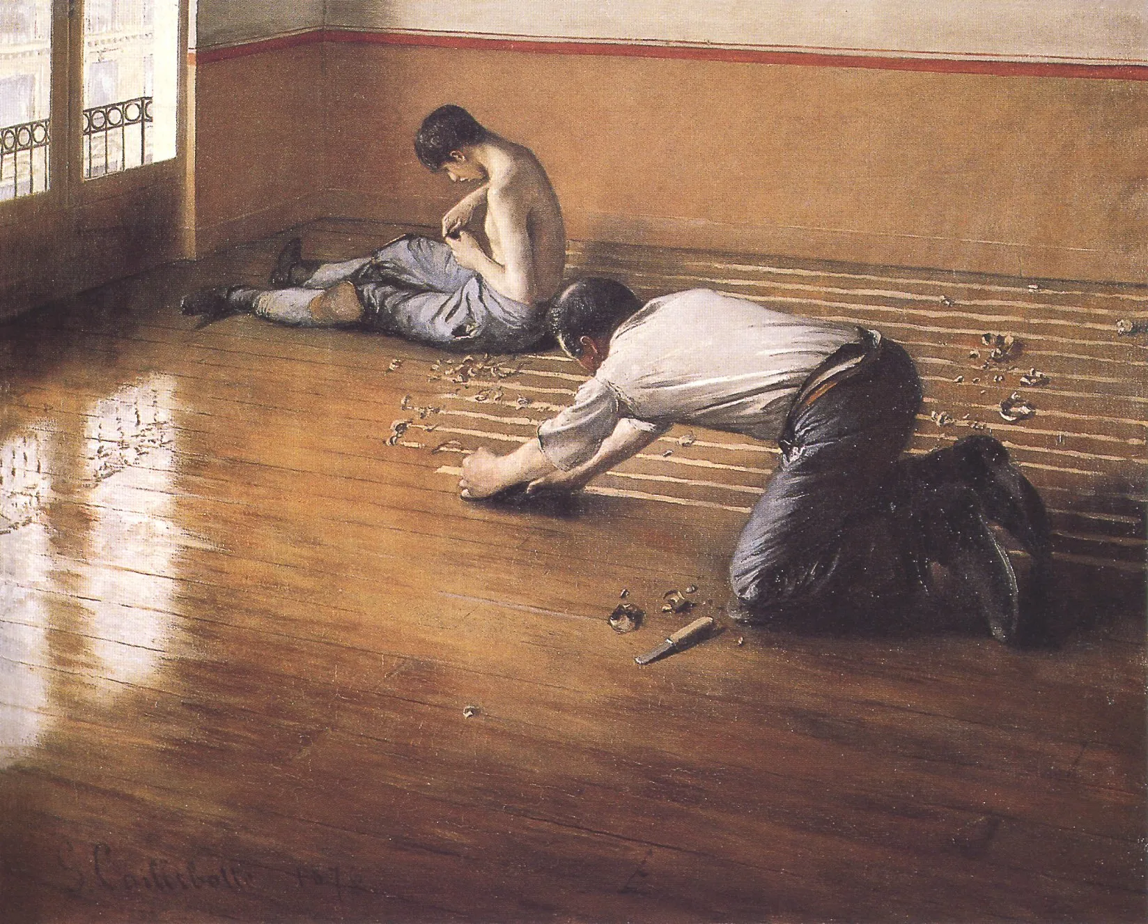 Caillebotte's three floor scrapers kneeling in a bright Paris apartment