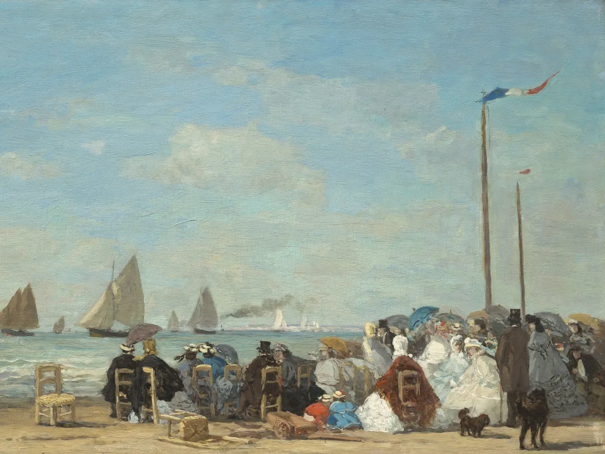 Boudin's beach at Trouville: holidaymakers in crinolines under a wide grey sky