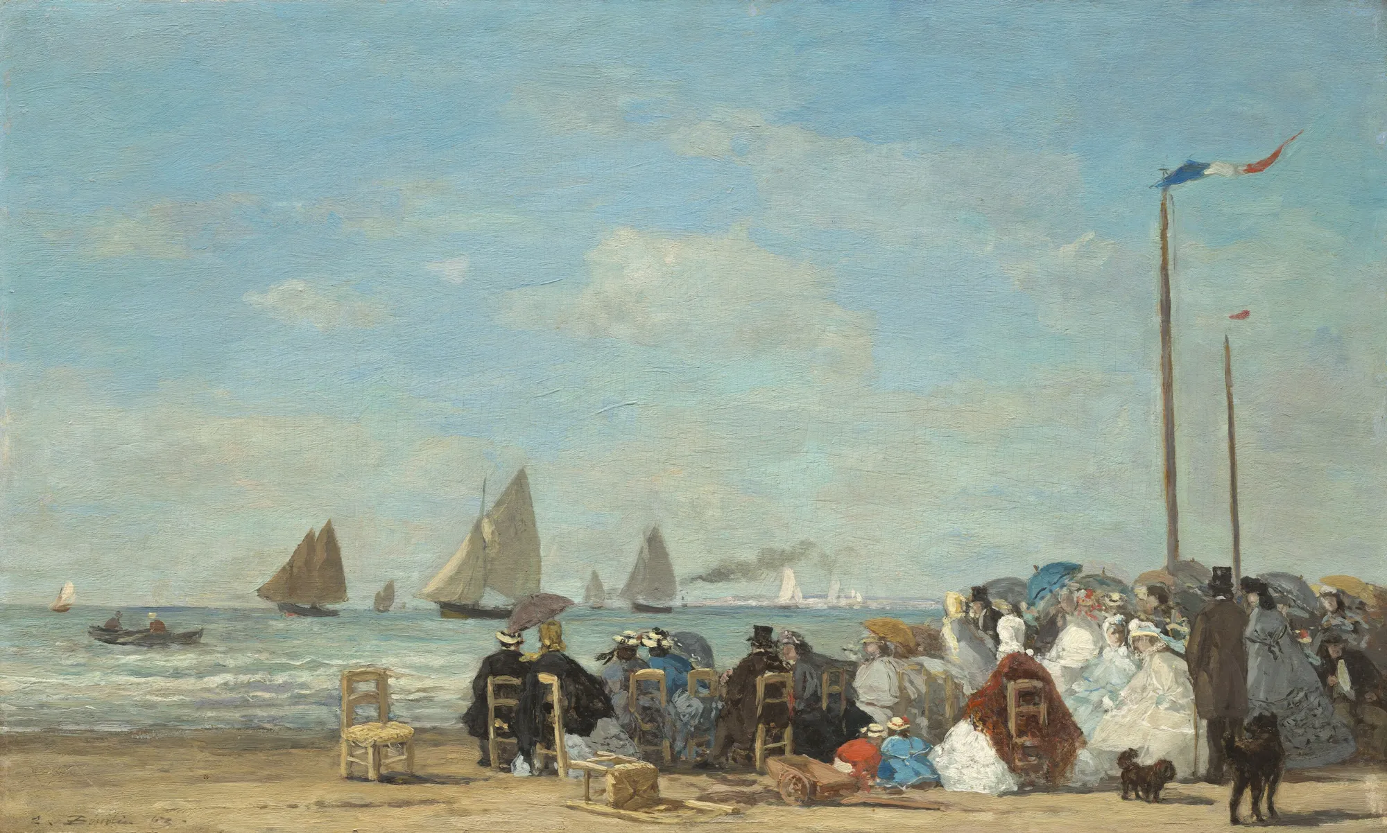 Boudin's beach at Trouville: holidaymakers in crinolines under a wide grey sky