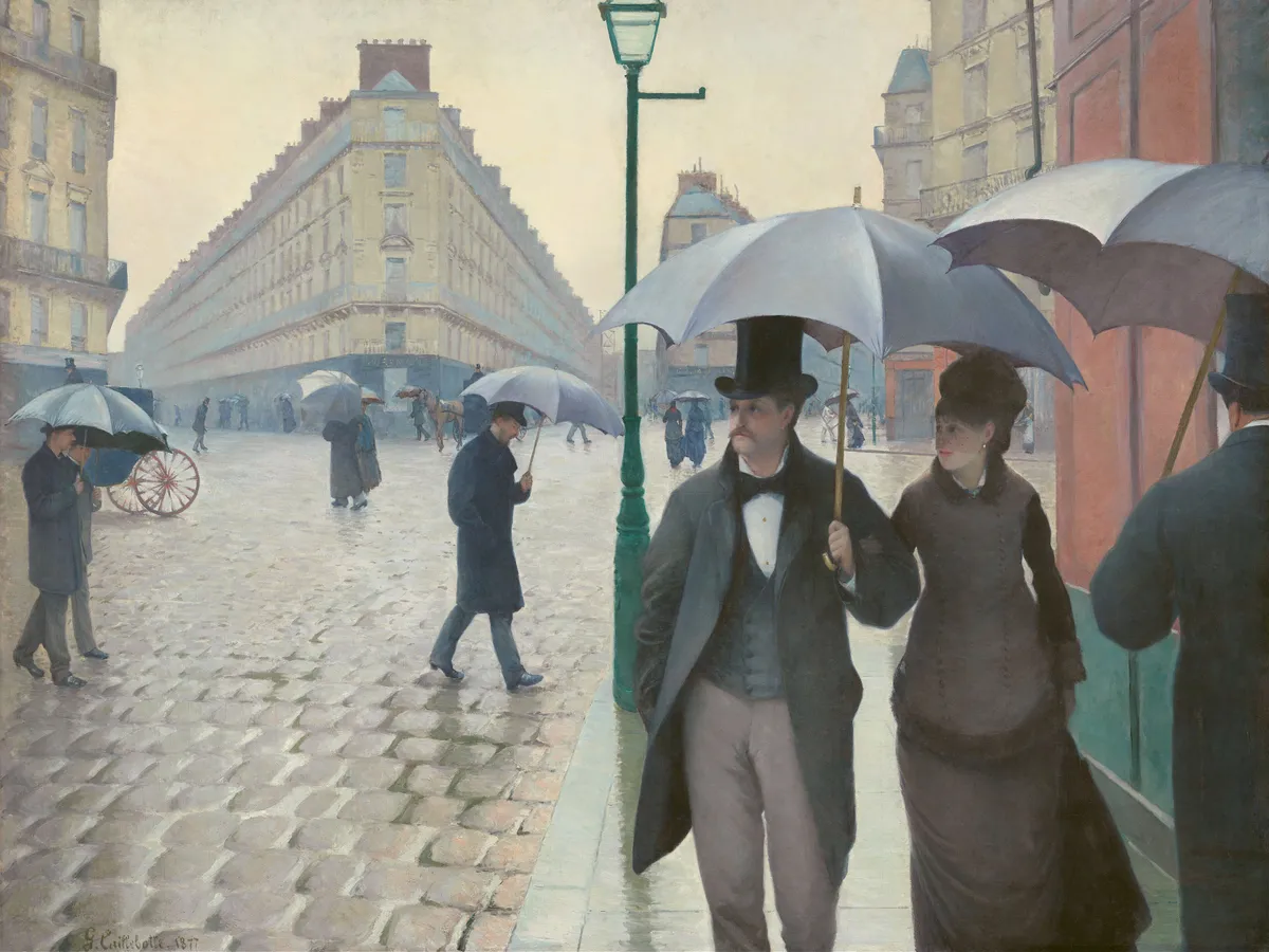 Caillebotte's Paris intersection in the rain, a couple under an umbrella on wet cobblestones