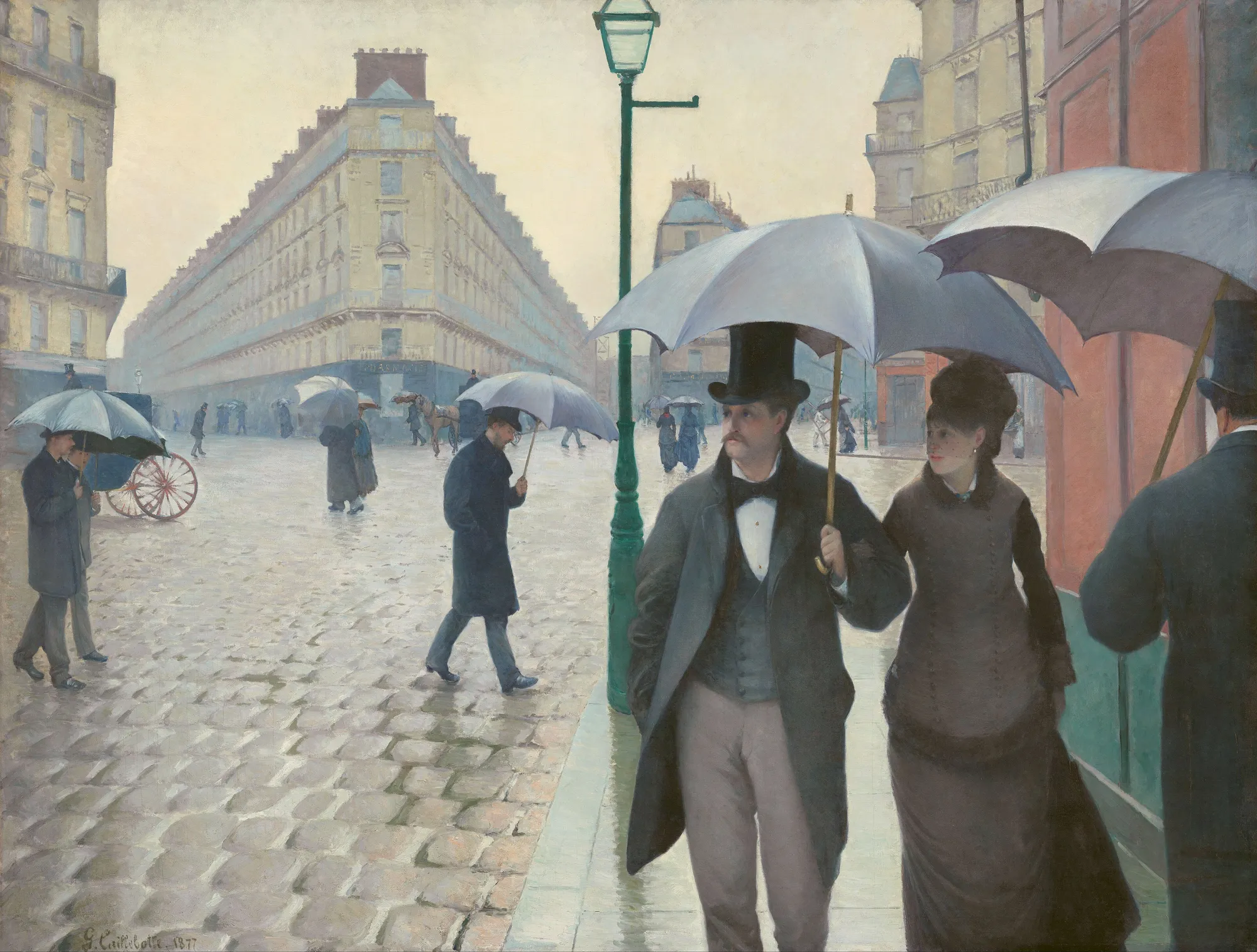 Caillebotte's Paris intersection in the rain, a couple under an umbrella on wet cobblestones