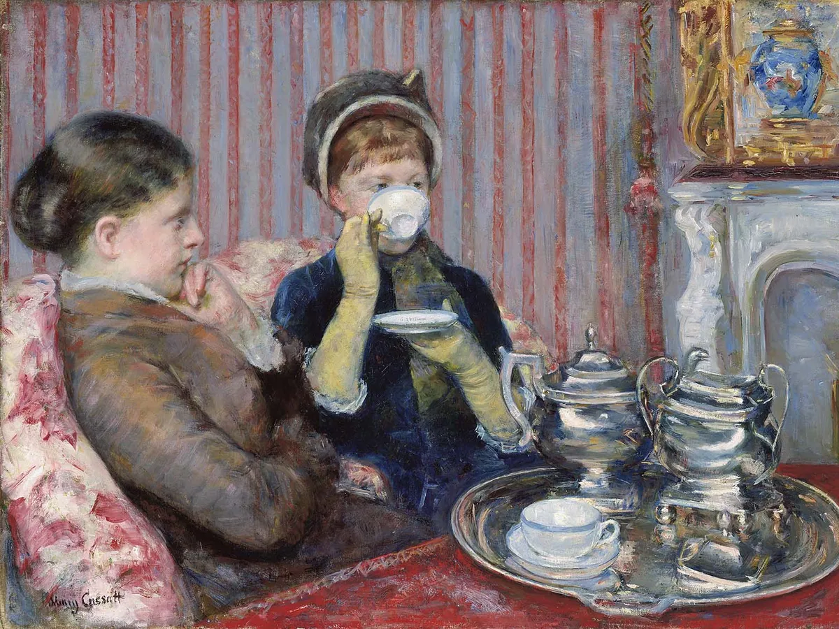 Mary Cassatt's two women taking tea in a striped parlor