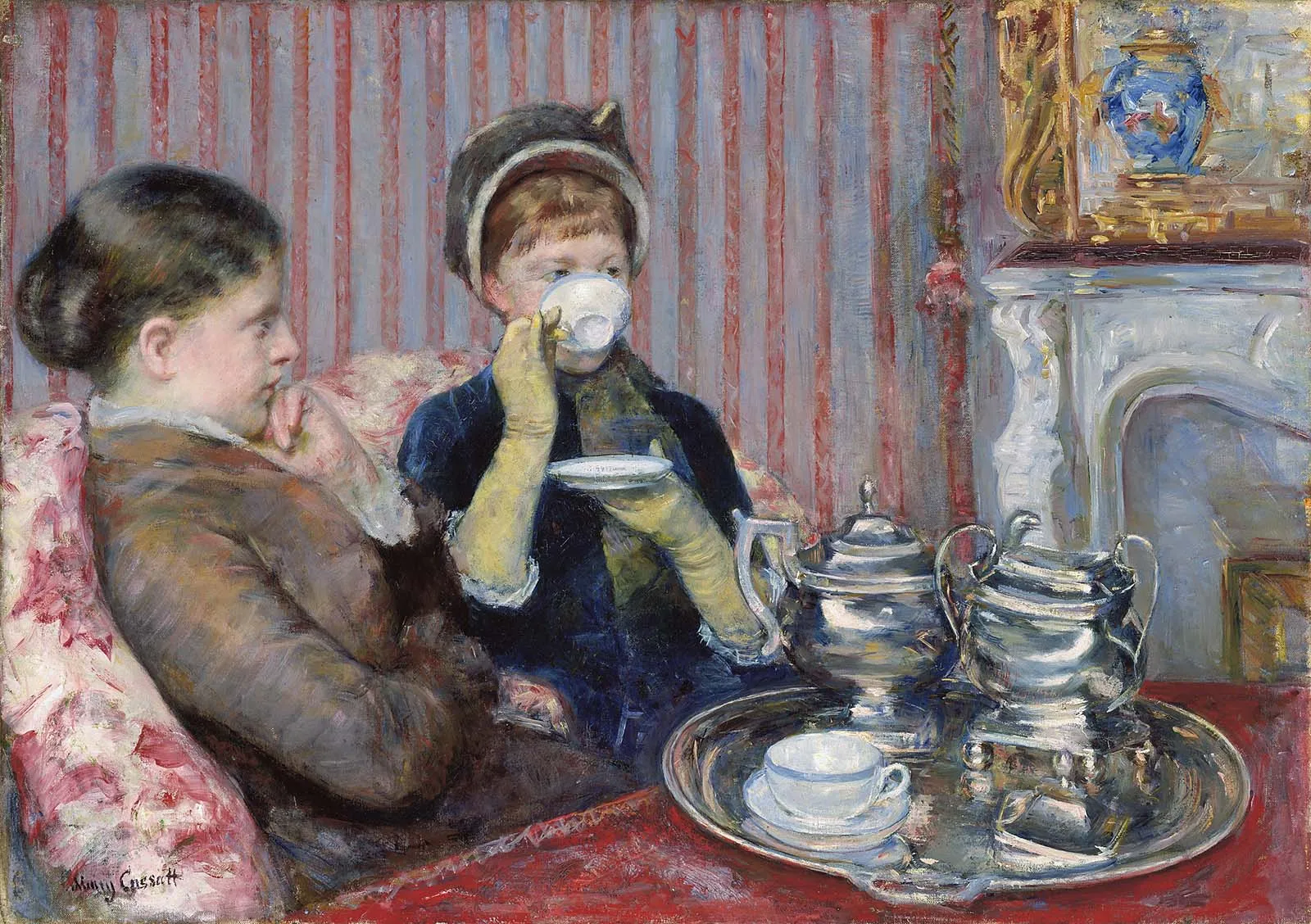 Mary Cassatt's two women taking tea in a striped parlor