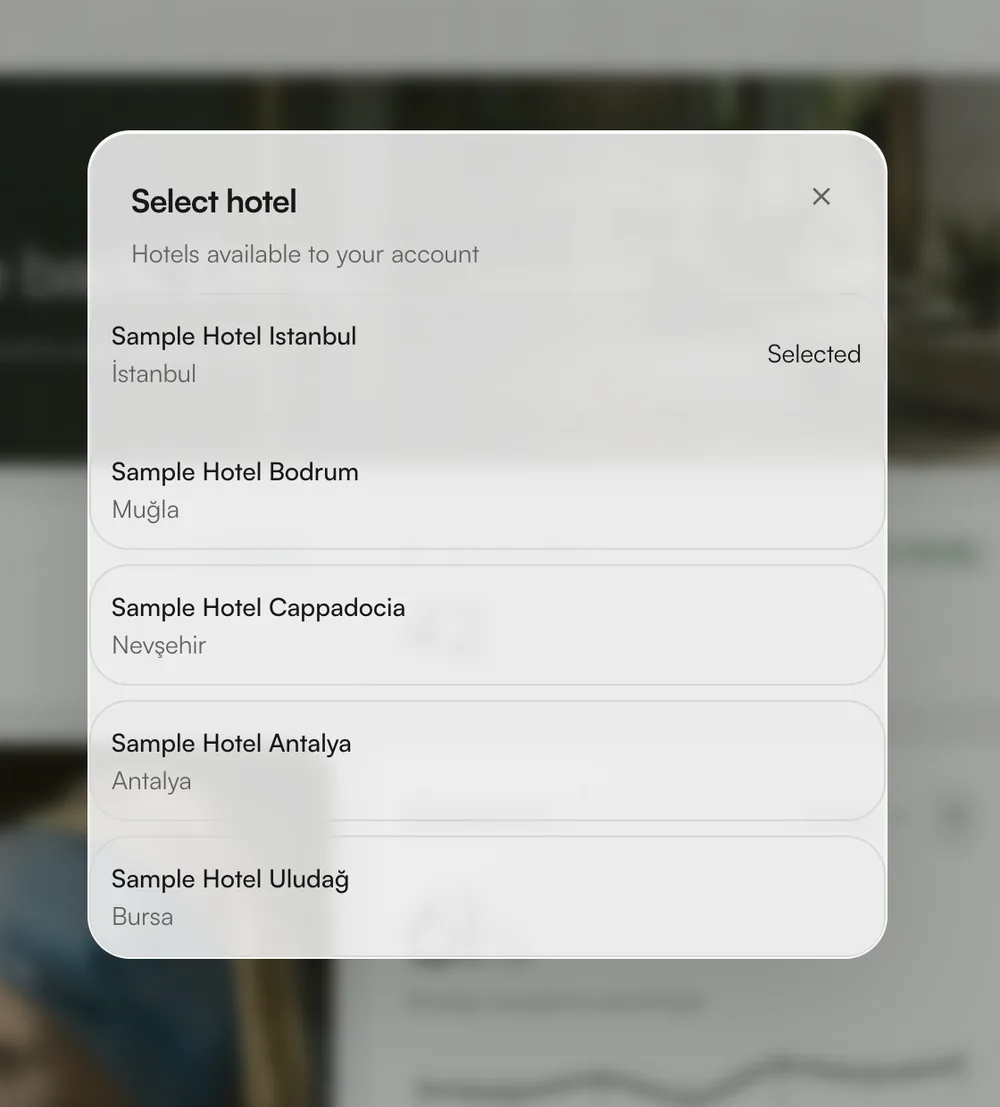 Hotel selector: Sample Hotel Istanbul, Bodrum, Cappadocia, Antalya and Uludağ. Sample data.