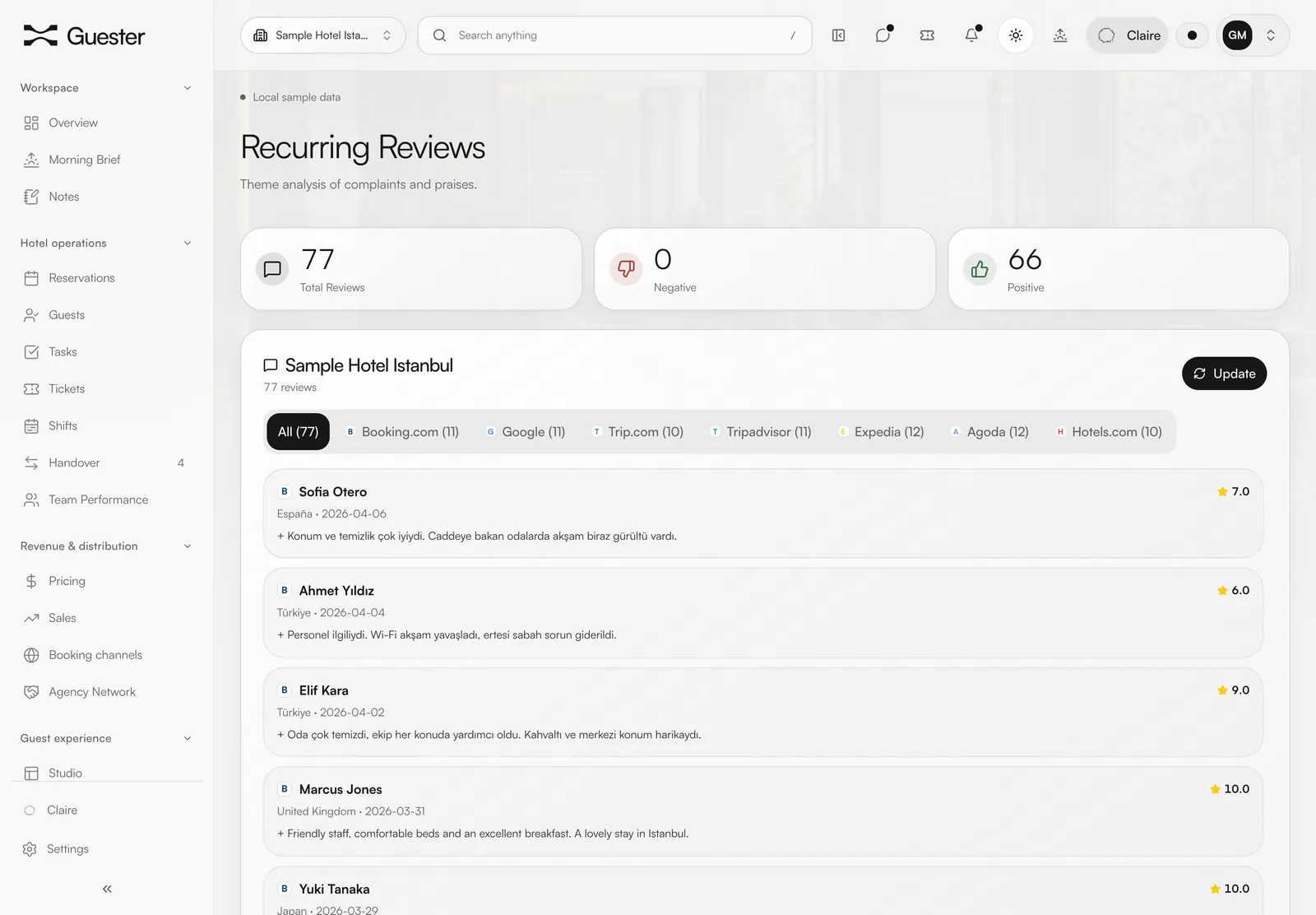 Recurring reviews screen: reviews filtered by platform with ratings. Sample data.