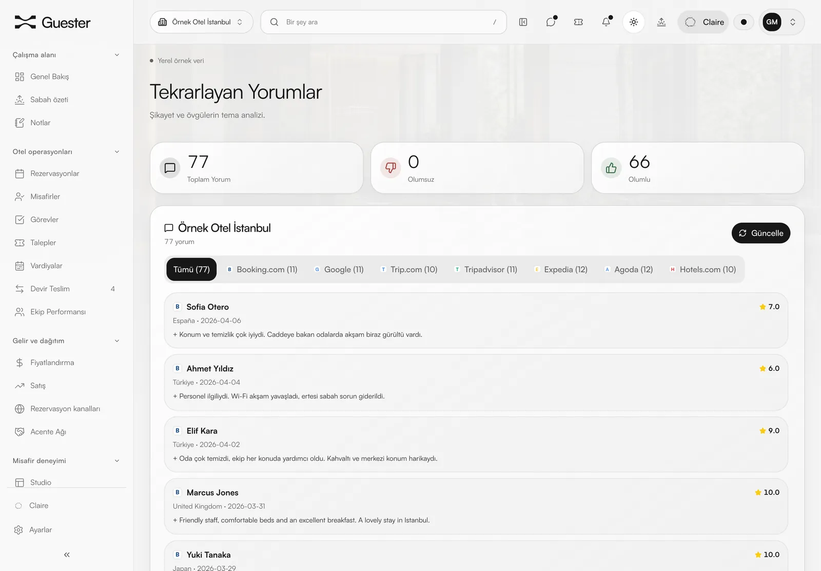 Tekrarlayan yorumlar ekranı: platformlara göre filtrelenmiş yorumlar ve puanlar. Örnek veri.