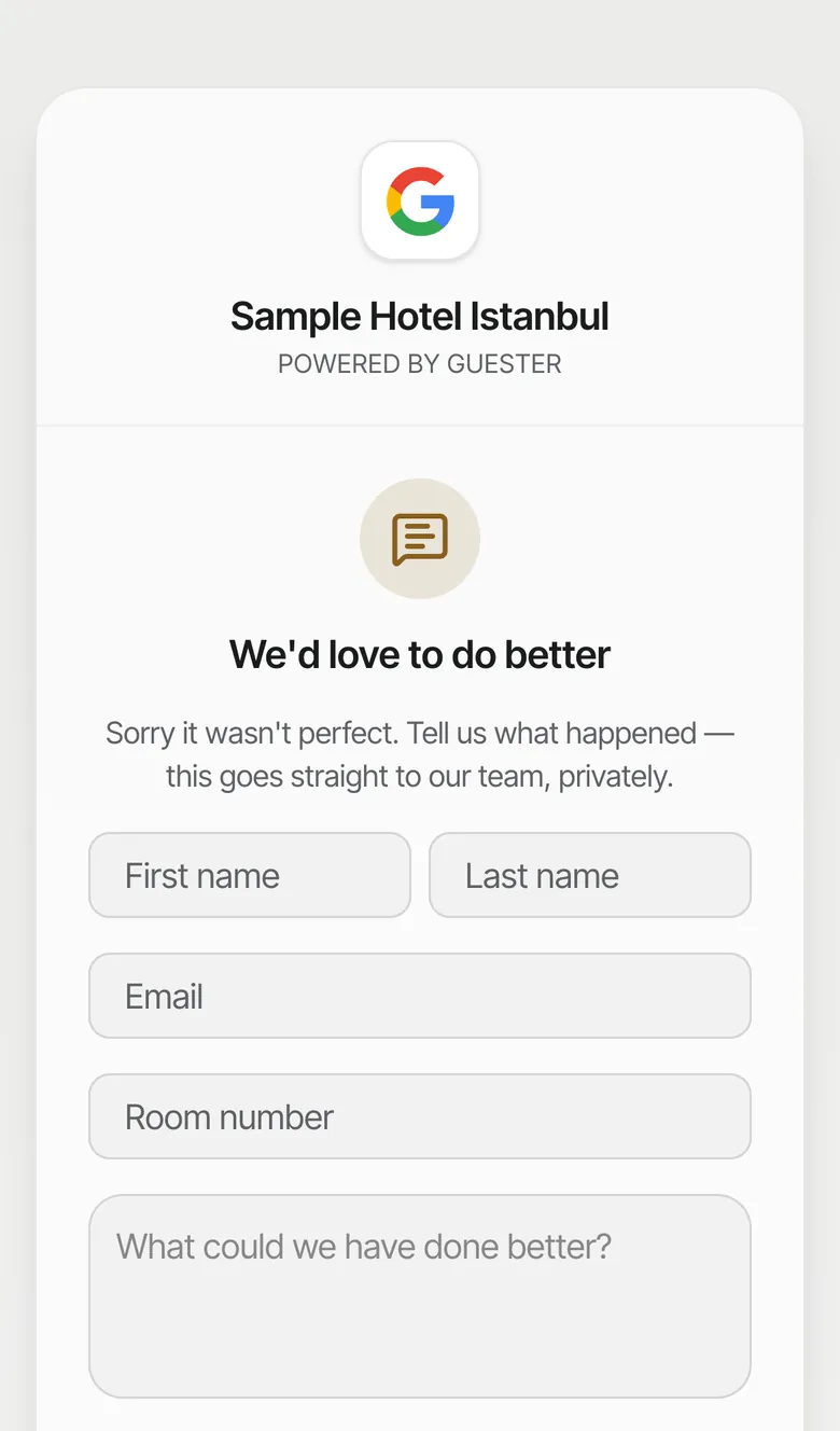 After a low rating: We would love to do better, private feedback form. Sample data.