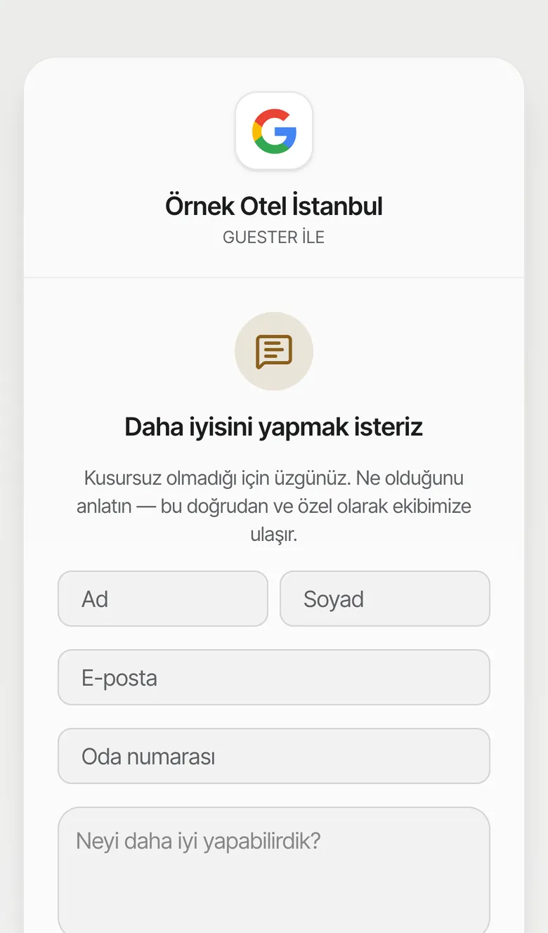 Düşük puan sonrası: Daha iyisini yapmak isteriz, özel geri bildirim formu. Örnek veri.