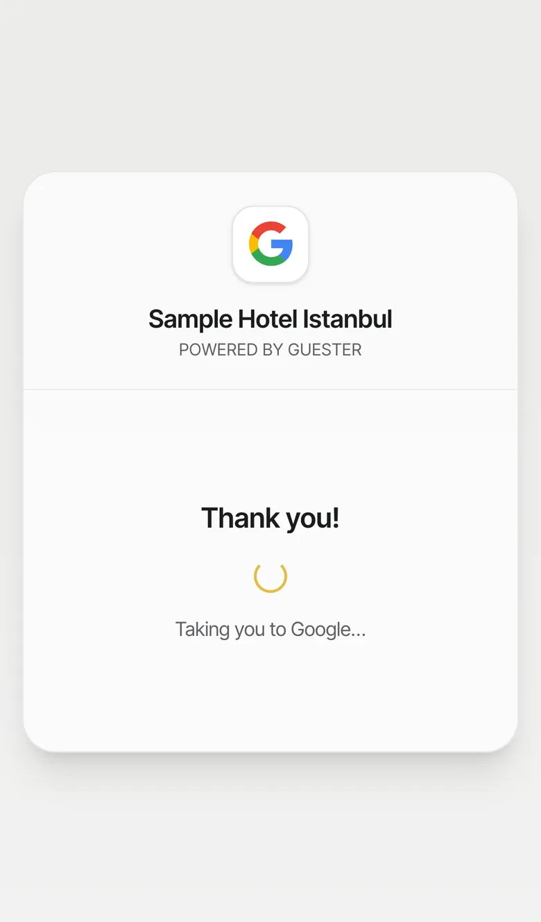 After a high rating: Thank you, redirecting you to Google. Sample data.