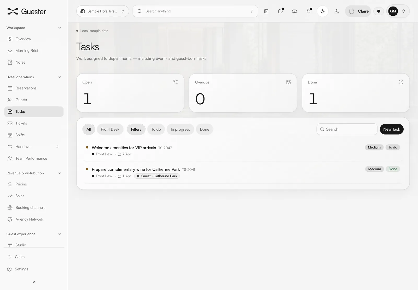 Tasks screen: open, overdue and completed counts with the task list. Sample data.